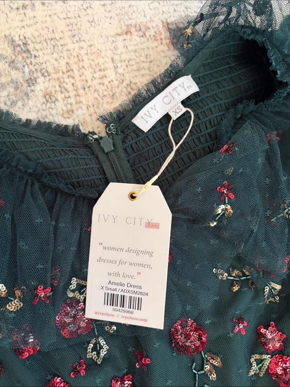 Ivy City Co Amelie Dark Green Floral Tiered Tulle Maxi Dress - Picture 6 of 7